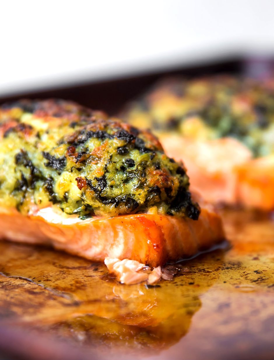 Herb-crusted stuffed salmon